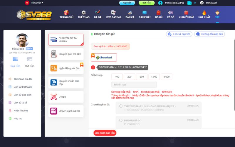 Hướng dẫn chi tiết nạp tiền tại SV368 nhanh chóng, dễ dàng trong 3 phút
